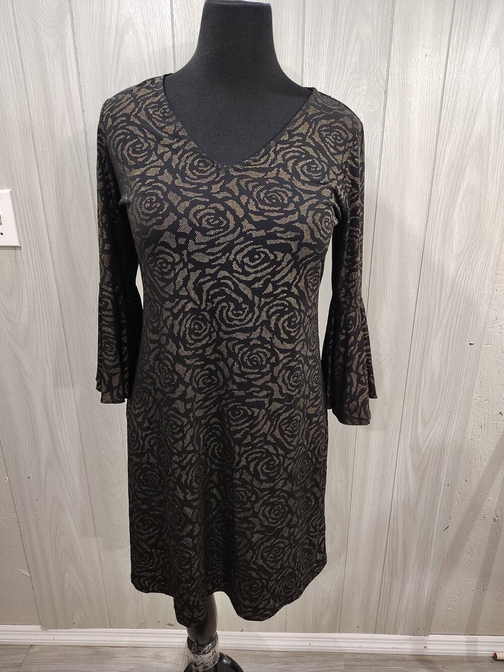 MSK Women's Dress Dark Floral Size M Bell Sleeves Witchy Gothic Office Church